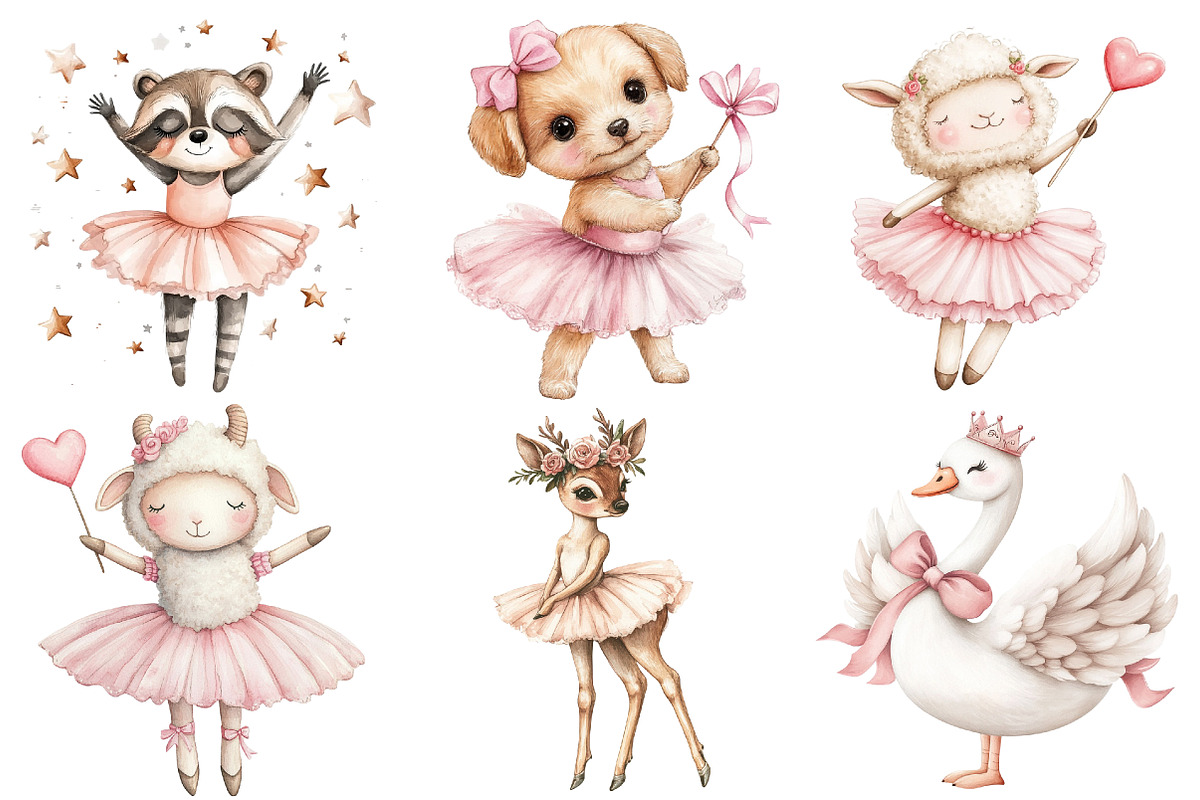 Cute Pink Ballerina Animals Clipart, an Illustration by Watercolor design (Photo 5 of 5)
