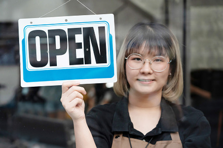 Woman Open Shop by Hanging Open Sign, a Business Photo by charnsitr
