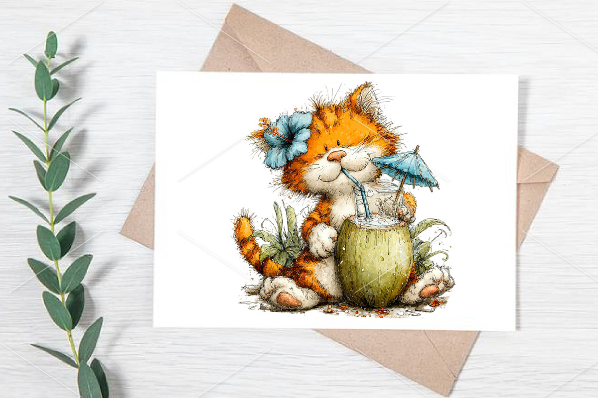 Whimsical Summer Cat Clipart Bundle, a Seasonal Illustration by Canvas Craft (Photo 6 of 7)