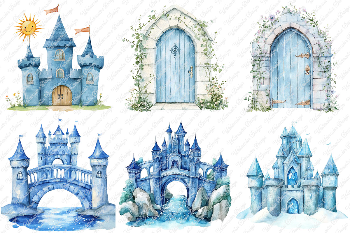 Blue Fairytale Castle Clipart, an Illustration by Watercolor design (Photo 4 of 11)
