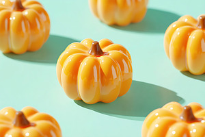 Decorative orange pumpkins on a turquoise backdrop create a festive autumn atmo, a Holiday Photo by AlyaAnd