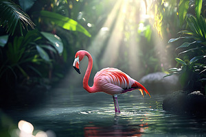 Flamingo standing in clear water with sunlights on blurred backg, a Photo by AlyaAnd