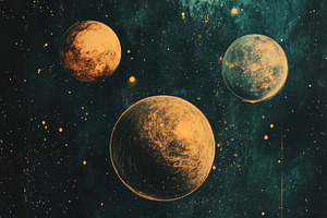 Celestial Bodies Gold Planets Dark S, an Abstract Photo by Pixeness Studio