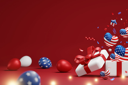 Gift box and usa hearts and balloons, a Seasonal Illustration by ArtBackground