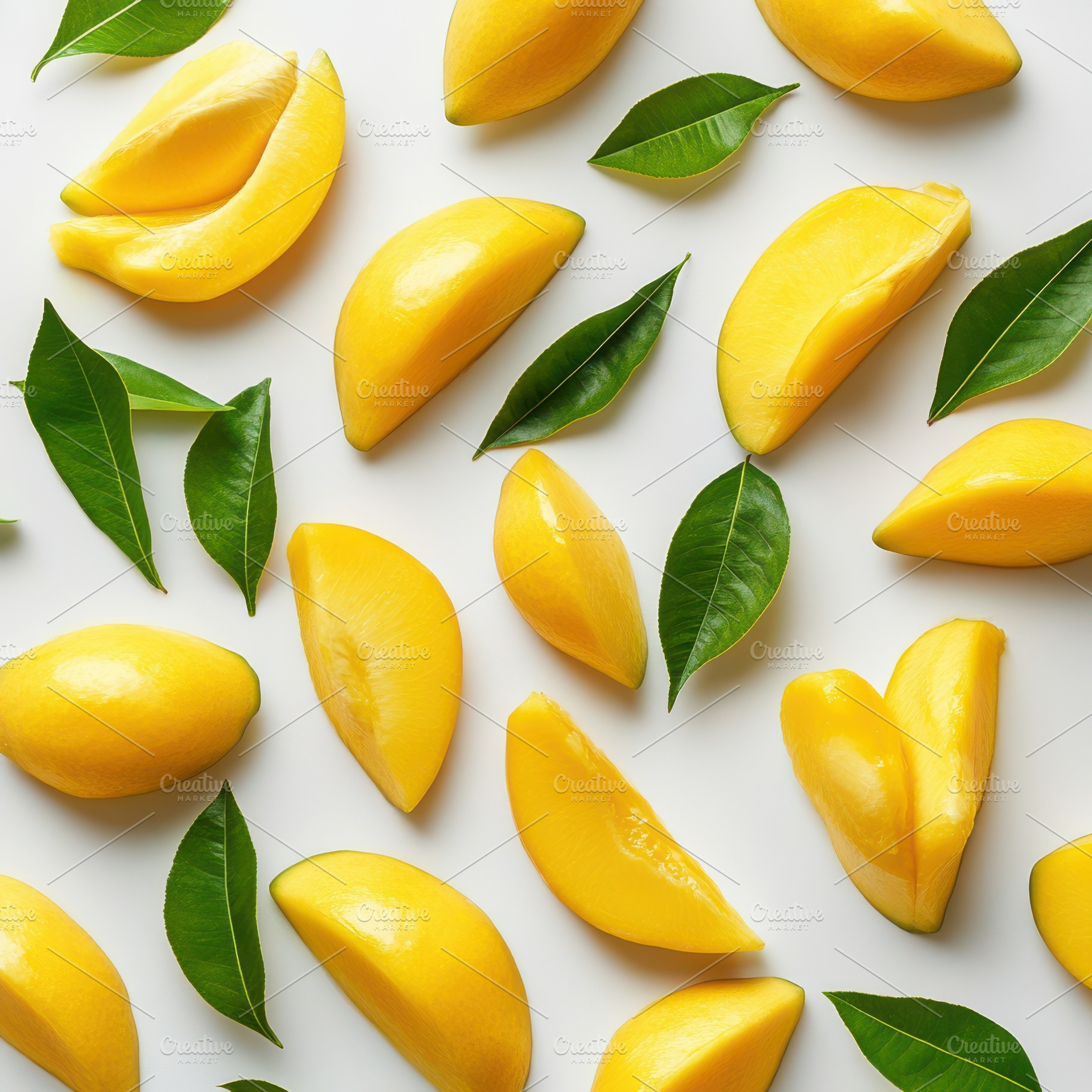 Fresh Mango Fruits slices, green lea, a Food & Drink Photo by Pixeness Studio