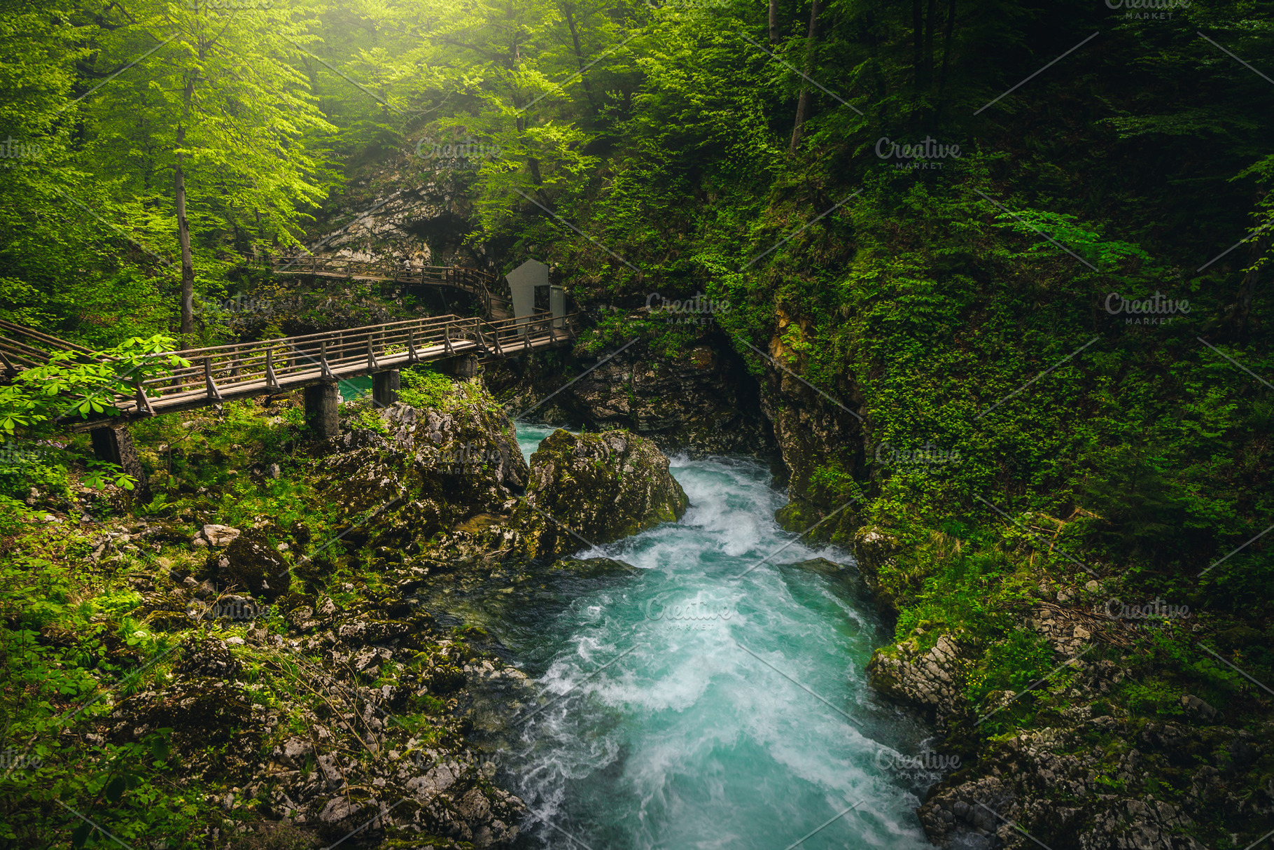 Wooden footbridge above the river, a Nature Photo by Alpine Dreams