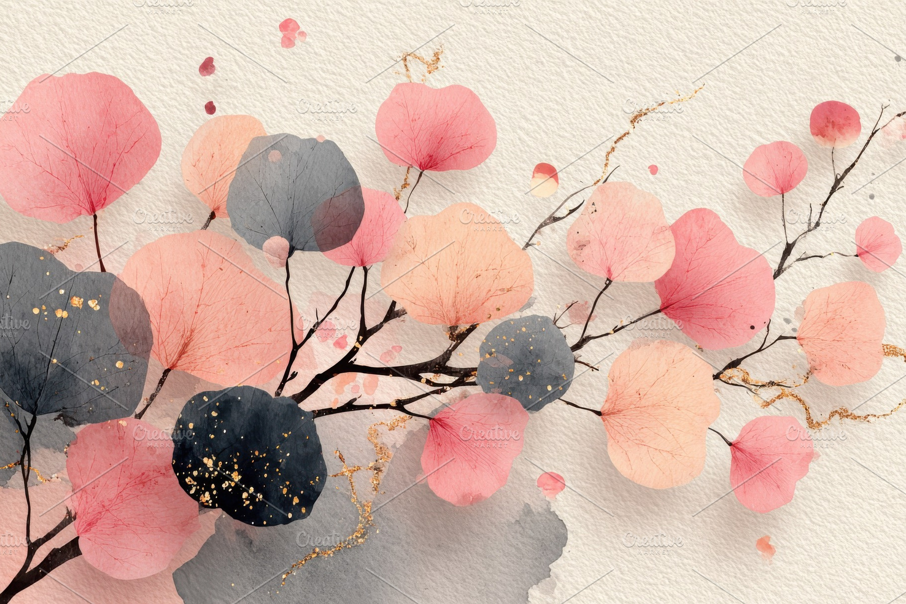 Delicate Pink and Gray Leaves Gold A, a Photo by Pixeness Studio