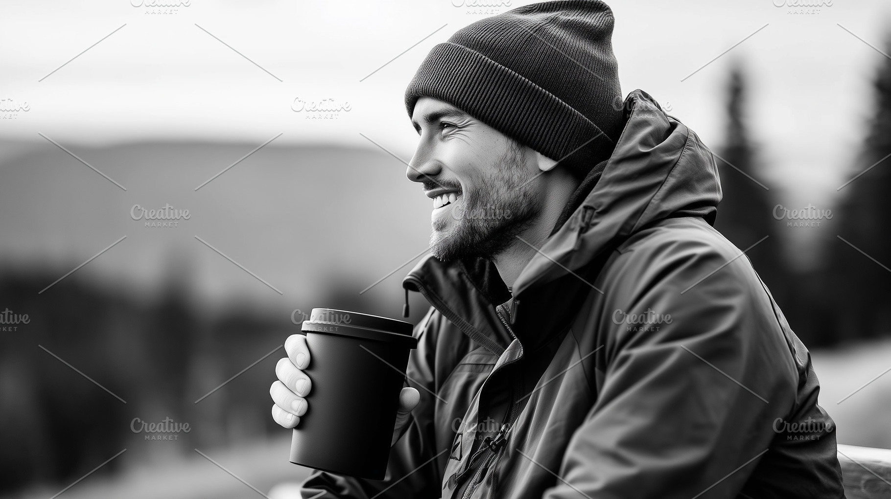 Smiling man in warm outdoor clothing, a Food & Drink Photo by MistyDay