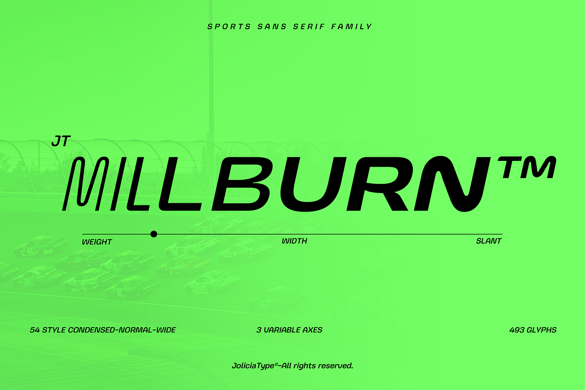 JT Millburn | Sport Racing Font, a Sans Serif Font by Jolicia Type (Photo 1 of 14)