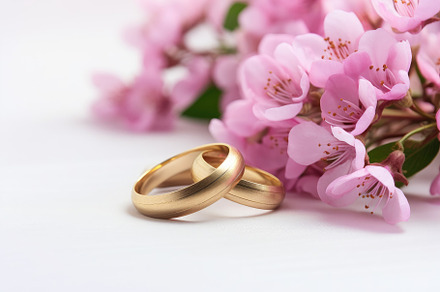 Wedding rings and pink sakura flower, a Photo by Iftikhar Alam