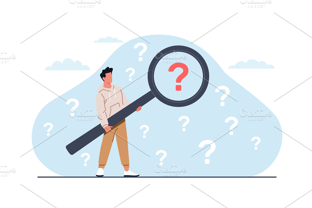Man looking for answers to questions, an Education Illustration by YummyBuum