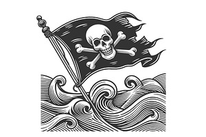 Pirate Flag Waving Over Ocean Waves