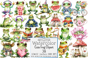 Watercolor Cute Frog Clipart, a Seasonal Illustration by Design Market