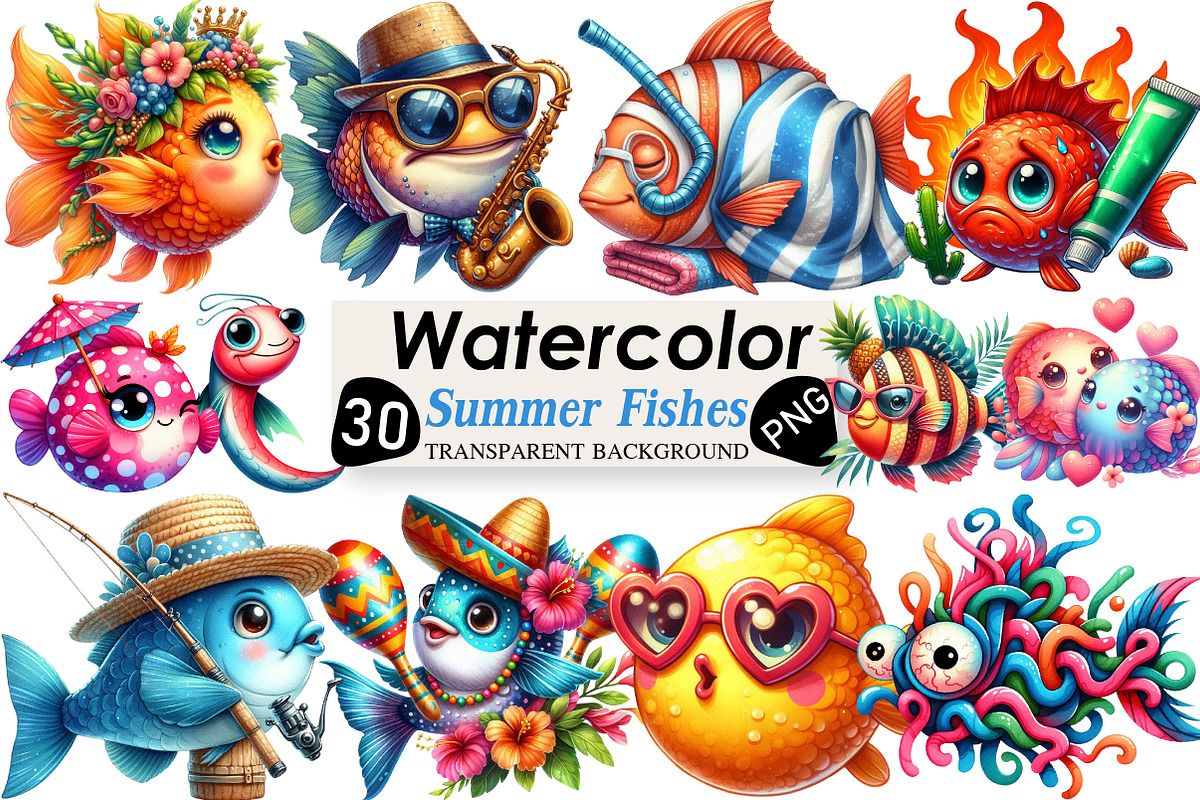Quirky Whimsical Summer Fishes Clipa, an Illustration by Black Bird Studio (Photo 1 of 6)