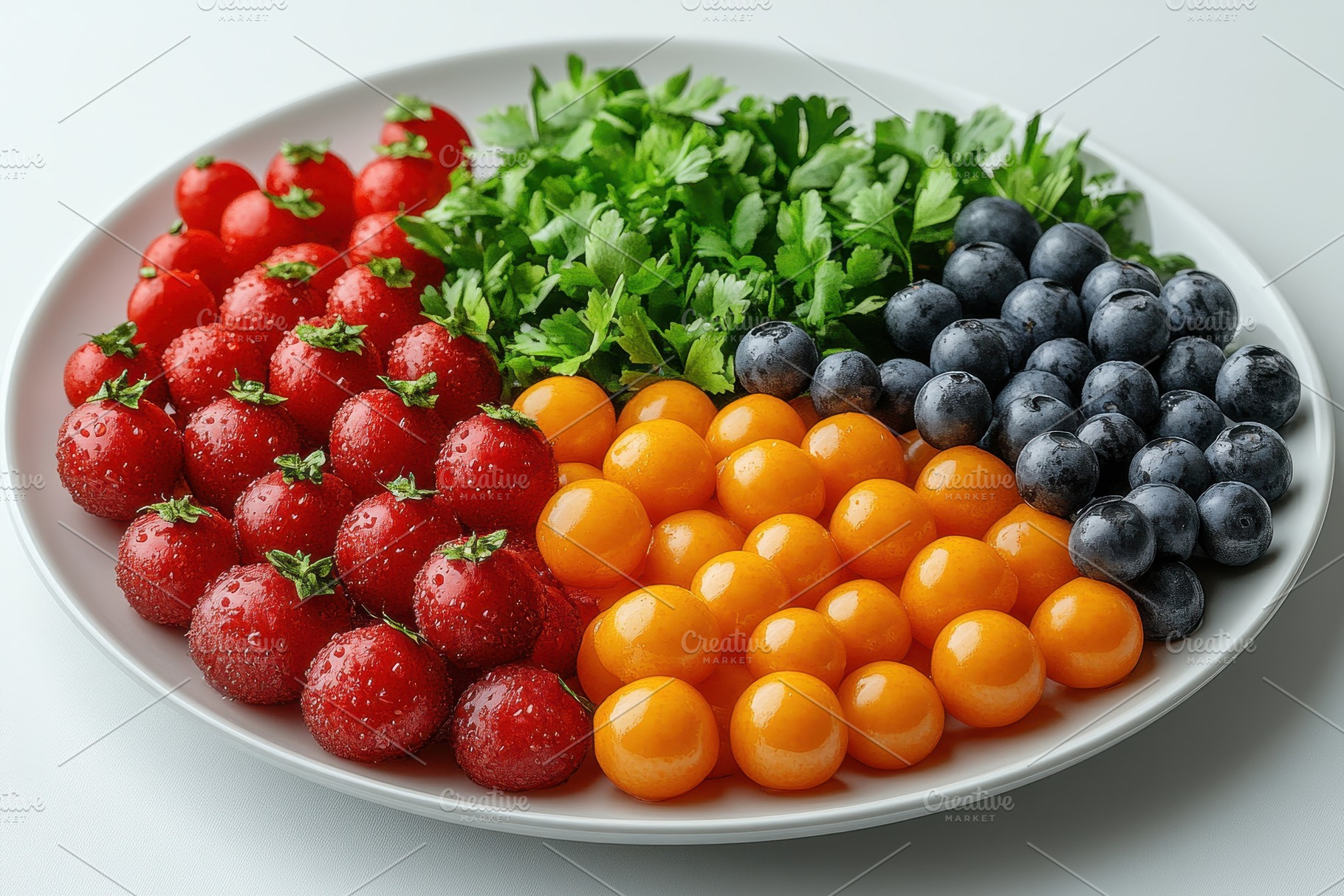 Fresh assorted fruits and herbs arra, a Photo by Tanuart