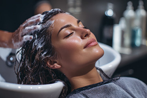 Woman getting hair washed at salon r, a Photo by Pixeness Studio