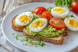 Delicious toast bread with avocado, boiled egg, tomatoes and microgreen, a Food & Drink Photo by AlyaAnd