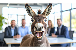 A donkey smiling in an office, a Business Photo by Igor Tichonow