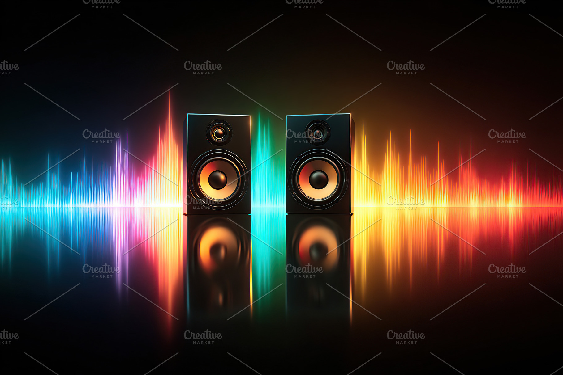 Colorful visualization of sound waves radiating from speakers at night ...