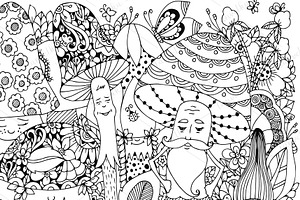 Doodle Cartoon Mushrooms, Forest