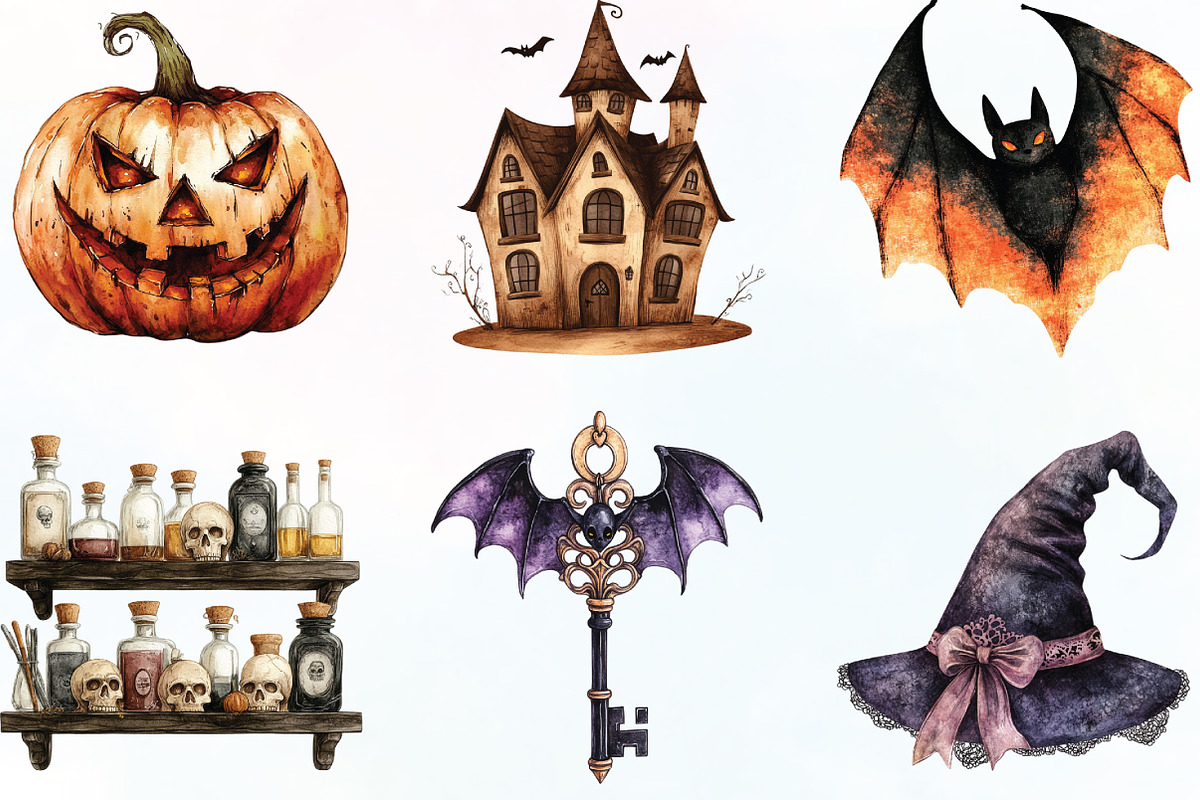 Vintage Halloween Elements Clipart, an Illustration by CraftArtStudio (Photo 3 of 6)