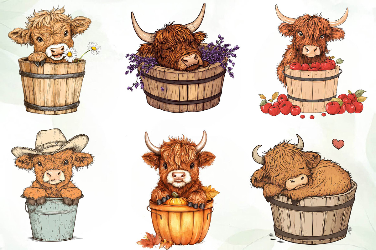 Cute Highland Cow in a Bucket Clipar, an Illustration by CreationArt (Photo 2 of 7)