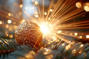 Glittering golden ornament on pine branch, a Holiday Photo by AlyaAnd