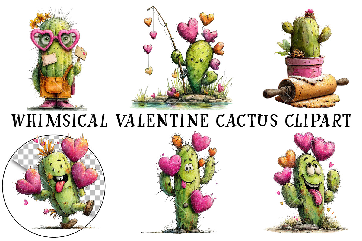 Whimsical Valentine Cactus Clipart, an Illustration by OK Design (Photo 2 of 6)