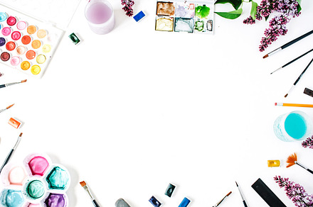 Watercolor tools featuring closeup, table, and copy, an Arts & Entertainment Photo by Floral Deco