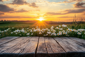 Rustic wooden table in sunset, a Photo by Pavel_design