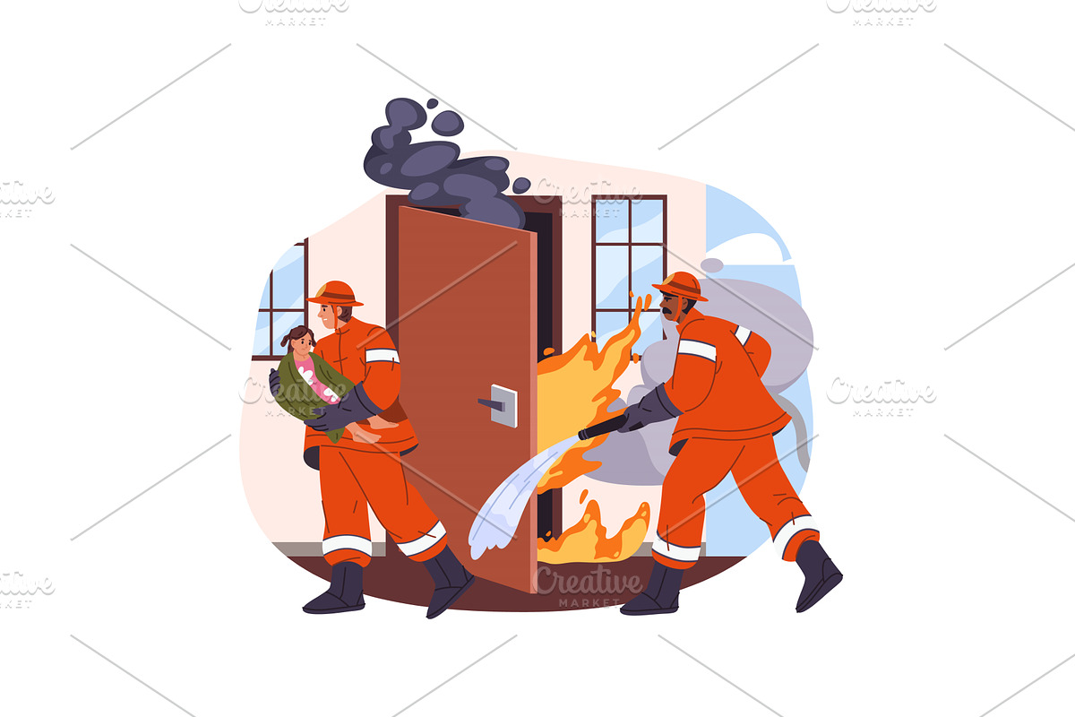 Fireman extinguish fire and child, an Object Illustration by Elegant Solution