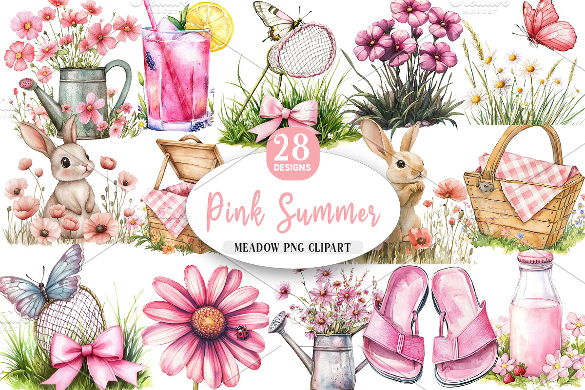 Pink Summer Meadow Clipart, an Illustration by Watercolor design (Photo 1 of 5)