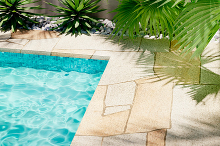Luxury swimming pool with tropical plants and stone path. Poolsi