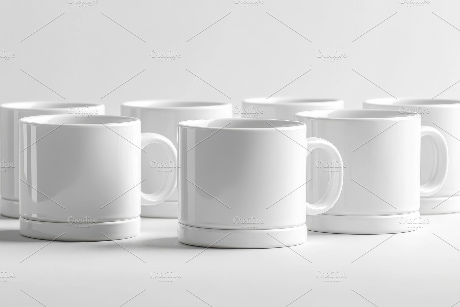 Six White Coffee Mugs on a White Bac, a Background Photo by Pixeness Studio