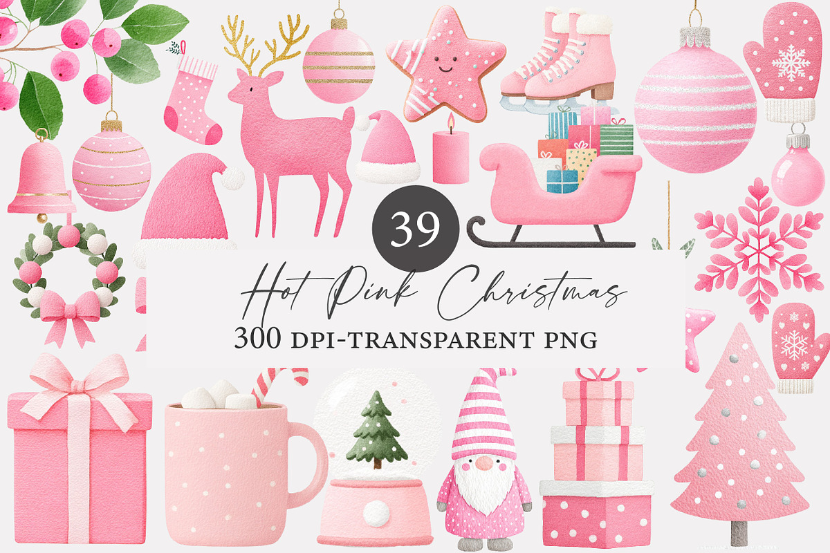Watercolor Hot Pink Christmas Clipar, an Illustration by Designworld (Photo 1 of 5)