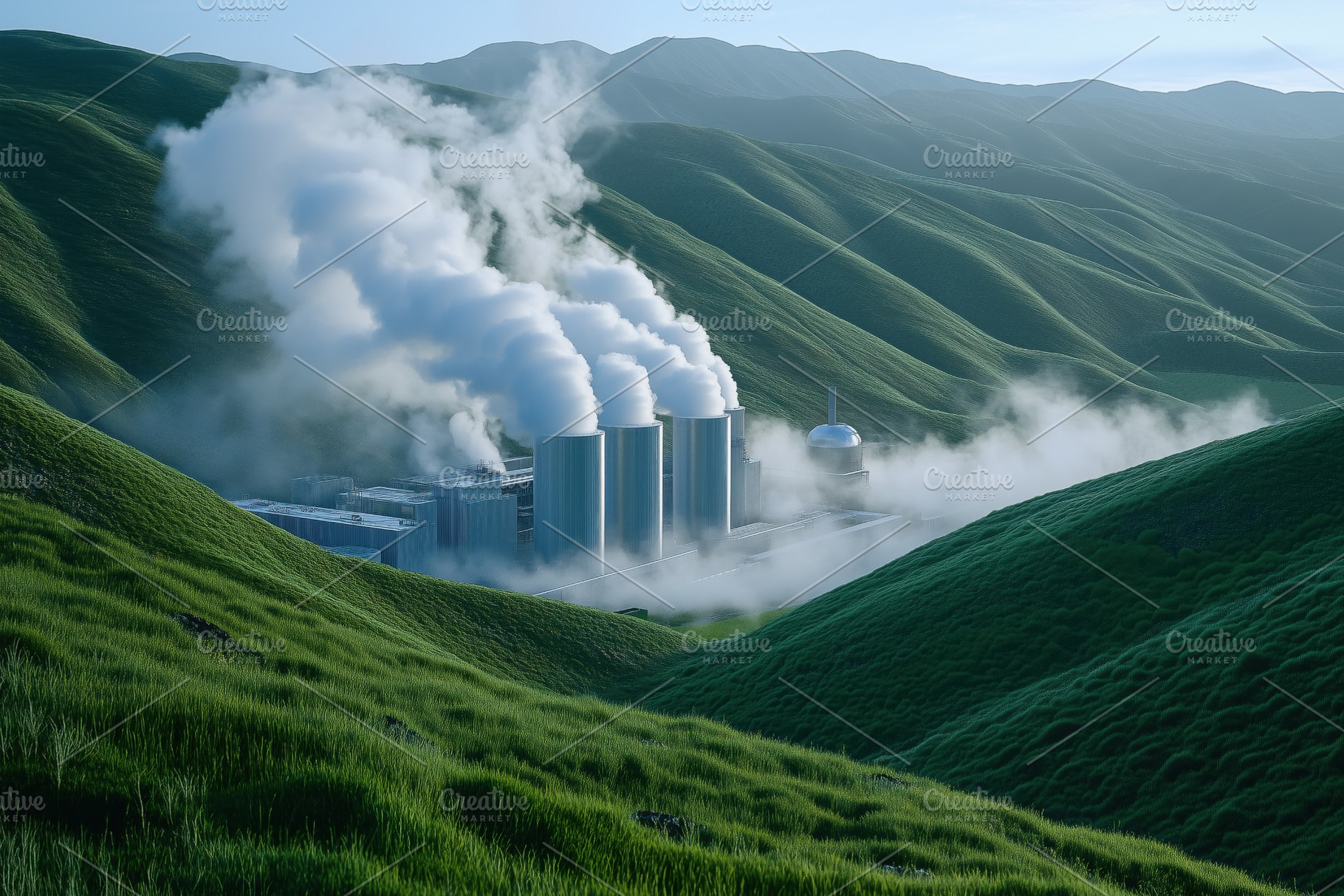 A geothermal power plant with steam rising from cooling towers, surrounded by l, an Industrial Photo by Textures & Backgrounds