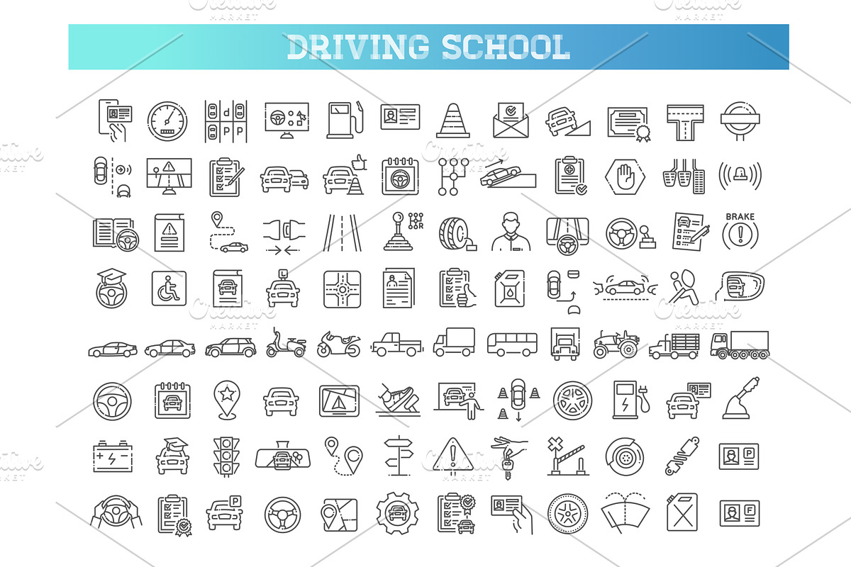 Set of outline Driving School icons, a Transportation Illustration by Tettygreen