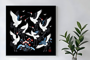 Oriental Cranes with Blue Flowers, an Animal Illustration by Sharon Schwalbe (Thumbnail 1 of 4)