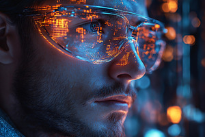 A focused young Caucasian male with futuristic glasses reflecting city lights., a Person Photo by ImageMir