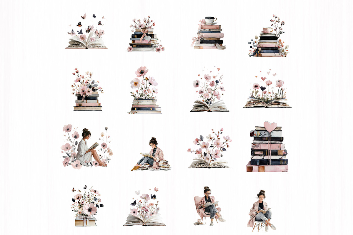 Blush Book Lover Clipart Bundle, an Illustration by DreamCafeArt (Photo 4 of 10)