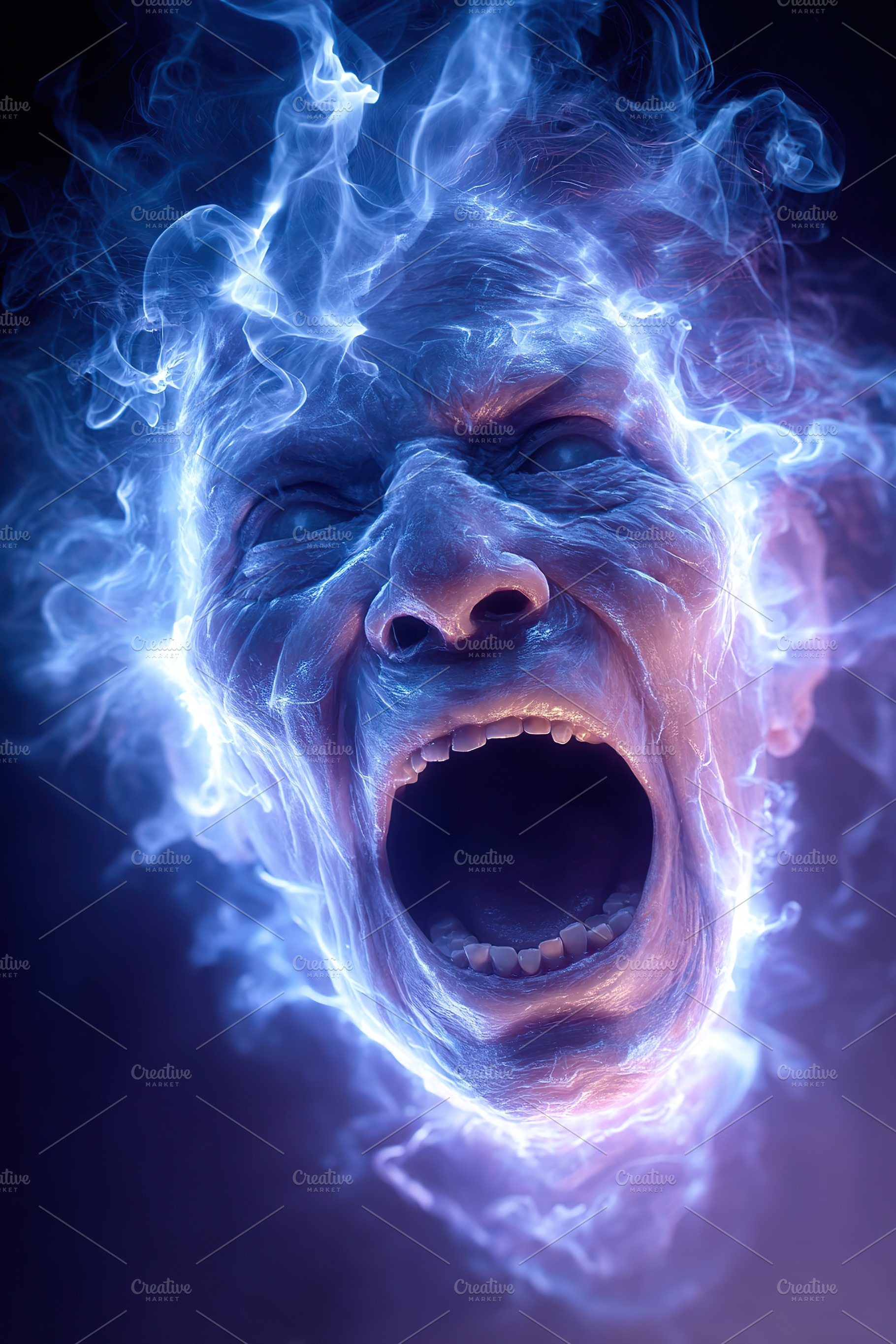 Intense spiritual apparition with glowing blue smoke emanating from a distresse, an Arts & Entertainment Photo by AlyaAnd