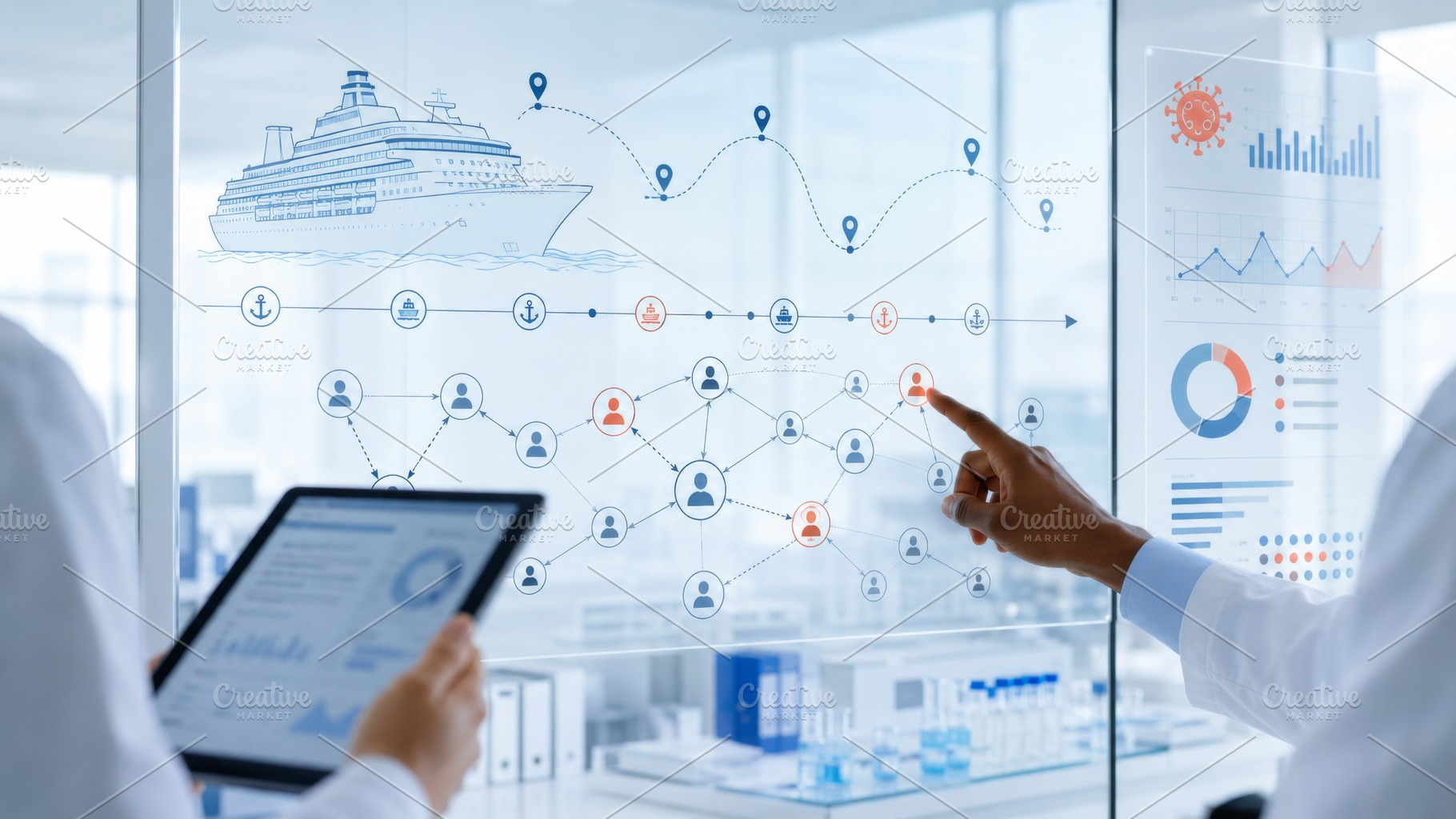 Healthcare professionals analyzing digital graph showing virus s, a Photo by Dvoevnore photos