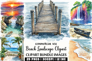 Watercolor Beach Landscape Clipart, an Illustration by Craft Nest