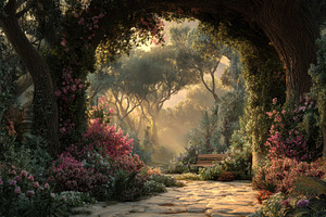 Nature path with flowers and trees, a Photo by Pavel_design