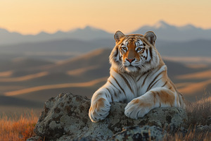 A majestic tiger resting on a rock with a scenic mountain landscape in the back, an Animal Photo by Textures & Backgrounds