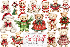 Watercolor Christmas Teddy Bear Png
