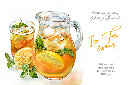 Ice Tea Lemon. Watercolor drink
