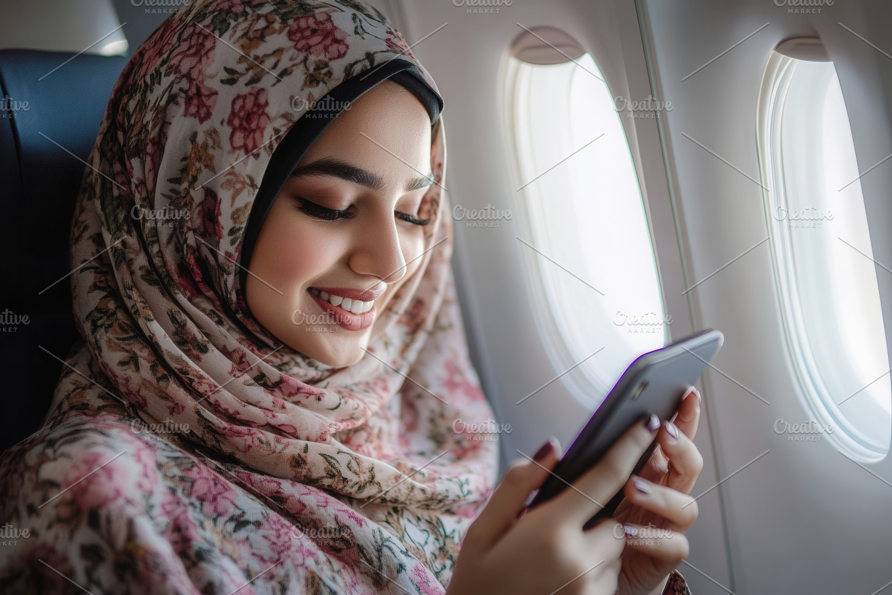 Hijabi woman enjoys flight time, a Photo by Pavel_design