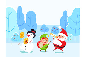 Santa And Snowman With Elf In Winter