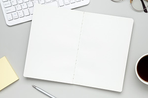 Neatly arranged desk with stationery keyboard glasses and notebook inspiring pr, a Photo by matucha